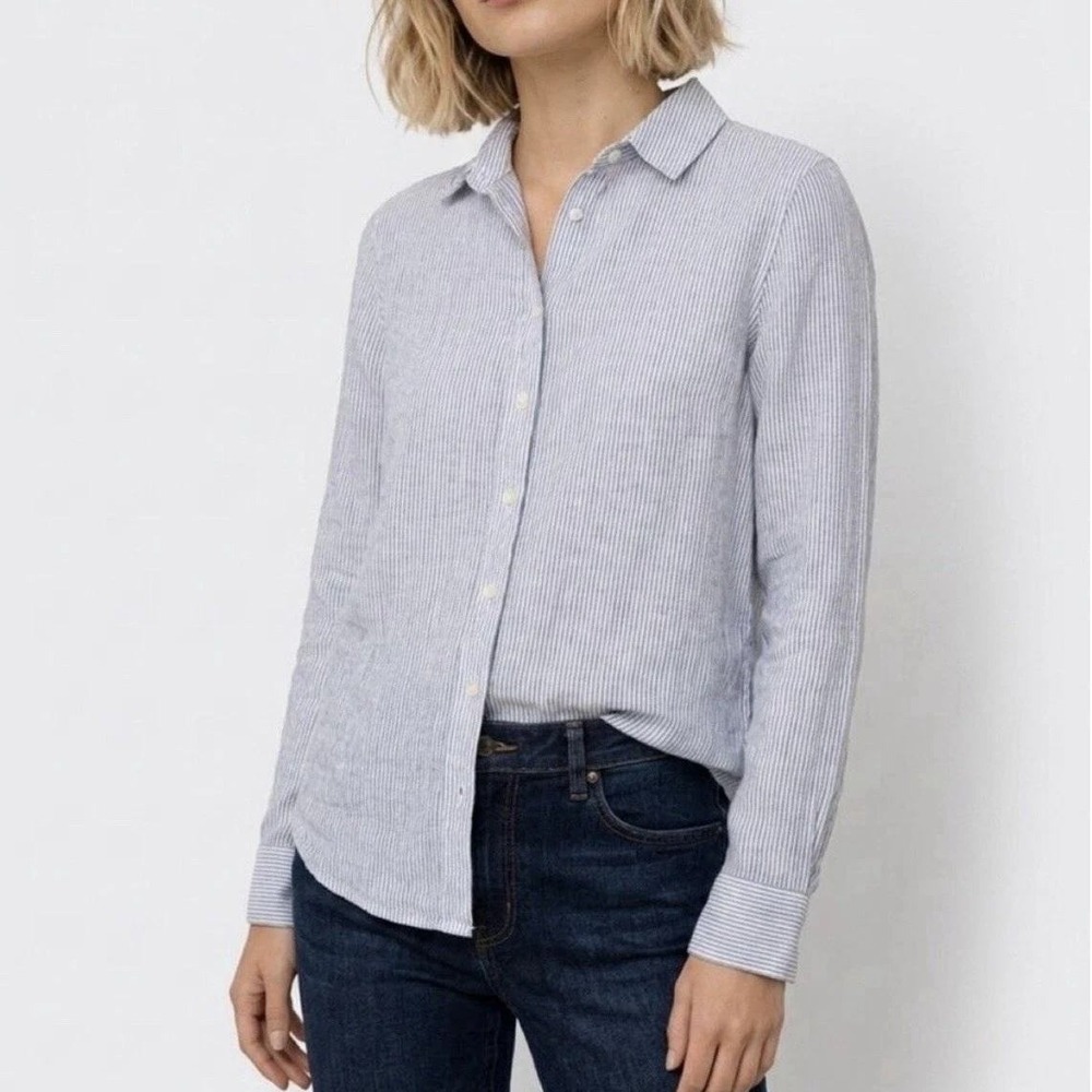 Quince Button Down Shirt Women Large Blue Pinstripe Long Sleeve European Linen